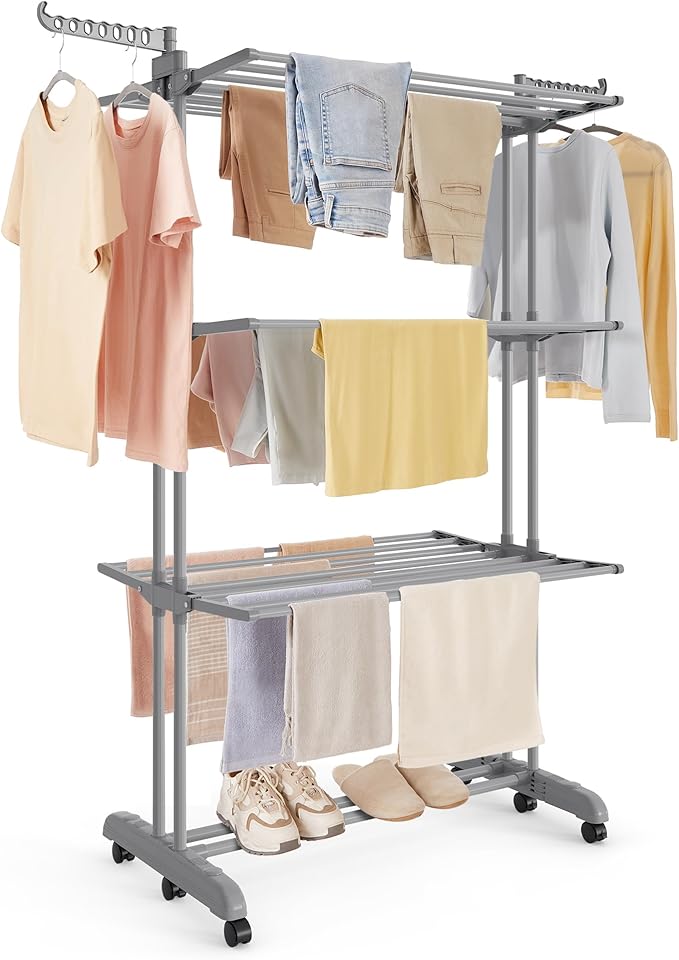 SONGMICS Clothes Drying Rack 4-Tier, Foldable Laundry Drying Rack 68.1-Inch Tall, Stainless Steel, Rolling Clothes Horses, Clothes Airer, Indoor Outdoor Use, Dove Gray ULLR703G01