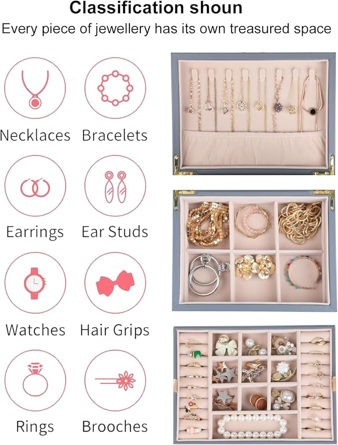 Small Jewelry Organizer for Women, 2-Layer Travel Jewelry Box with Portable Case, Necklace Ring Storage for Dresser, Girls Teens Gifts (Grey)