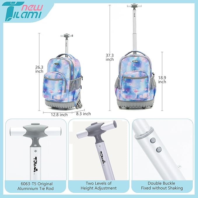 NEW TILAMI 18 inch Kids Rolling Backpack for School with Big Storage, Waterproof, Adjustable Handle - Perfect for Girls & Boys, Blue Star
