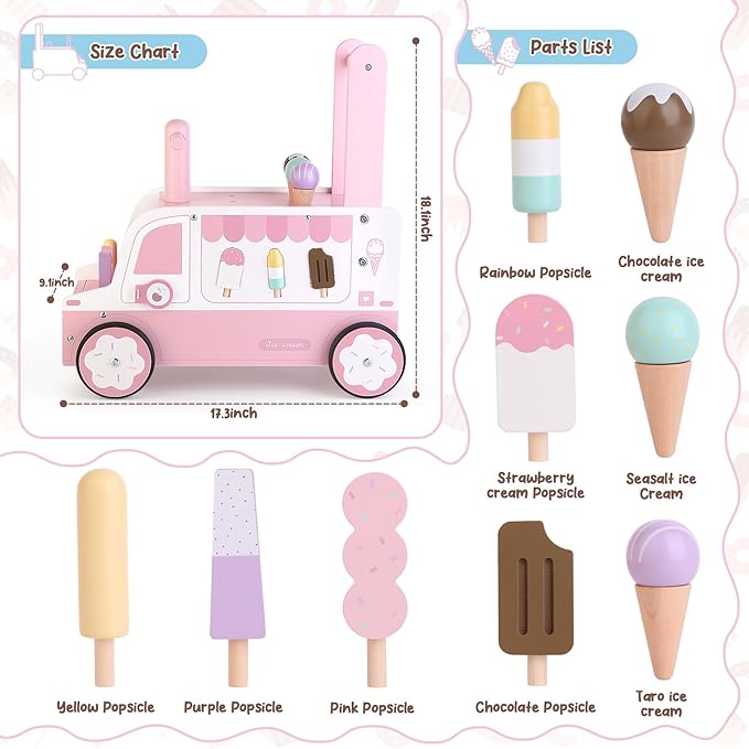 Asweets Wooden Baby Push and Pull Walker with Wheels, Learining Acticity Walker for Boys & Girls, Multiple Activities Center, Develops Motor Skills & Stimulates, 17.3''L x 9.1''W x 18.1''H