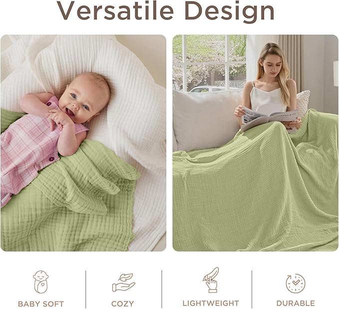 Threadmill King Size Muslin Blanket | 4 Layer Lightweight Gauze for All Seasons | Soft, Breathable, and Cozy Picnic Blankets | Lighweight Summer Blanket Fits Cal King Size Bed | Sage Green