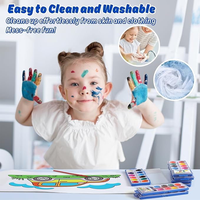 24 Packs Watercolor Paint Set Bulk, 12 Vibrant Colors Washable Watercolors with Brushes for Kids, Art Activities Painting Supplies for School Classroom Home