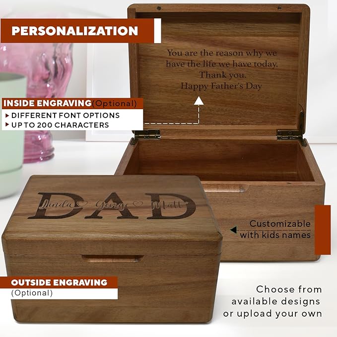 Unique Dad Gifts from Kids - Custom Acacia Wood Keepsake Box for Memories with Engraved Children Names, Personalized Gift Fathers Day from Daughter and Son, Dad Birthday Gift from Kids, 8x6x4 in