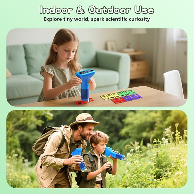 Microscope for Kids with 12 Slides, 100X-1000X 1080P Digital Handheld Kids Microscope, Mini Portable Pocket Miniscope Science Toys Gifts for 3+ 4 5 6 7 8 9 10 11 12 Year Old Boys Girls, Blue