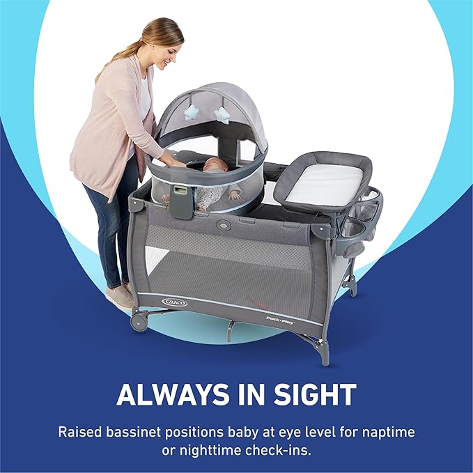 Graco Pack n Play Travel Dome DLX Playard, Astin with Portable Bassinet and Integrated Storage Organizer