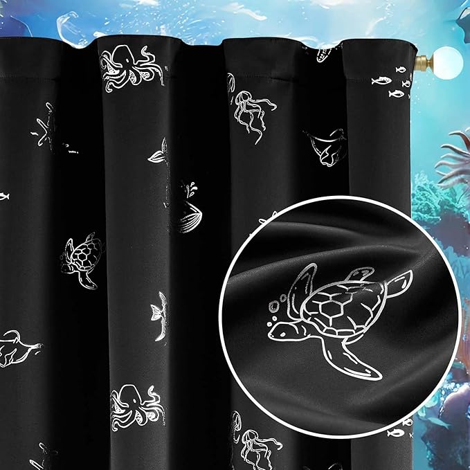 Vangao Kids Curtains for Boys Bedroom Kids Blackout Curtains 84 Inch Length Ocean Aquarium Nursery Drapes for Girls Bedroom Silver Sea Animals Print Thermal Insulated Drapes, Black 2 Panels