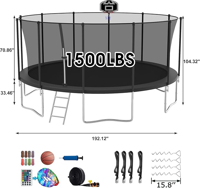 SKYUP Tranpoline 1500LBS 16 15 14 12 10 8 FT Tranpoline for 7-10 Kids and Adults, Windproof Outdoor Tranpoline with Enclosure Net, Basketball Hoop, Easy to Install & Last Long - ASTM Approved