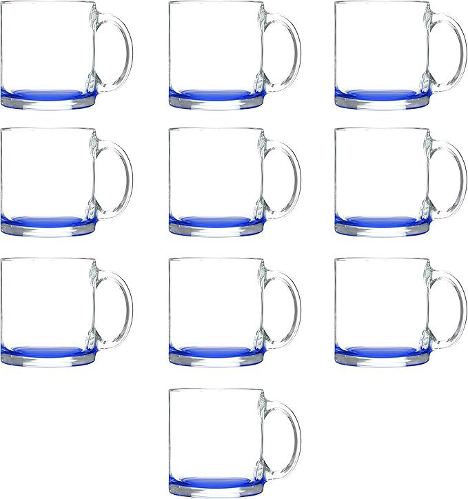 Libbey Clear Glass Coffee Mugs 13 oz. Set of 10, Bulk Pack - Perfect for Coffee, Tea, Espresso, Hot Cocoa, Other Beverages - Blue Bottom
