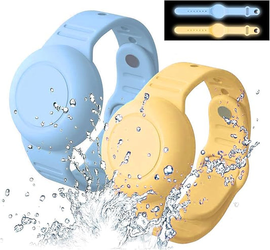Waterproof Airtag Bracelet,2 Pack Luminous Hidden Airtag Wristband,Anti-Lost Silicone Air tag Holder Case,Air-tag Case Cover Watch Band GPS Tracker-Blue+Yellow