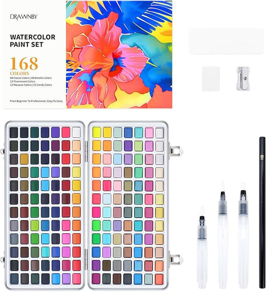 Watercolor Paint Set, 168 Vivid Colors with Regular, Macaron, Metallic & Fluorescent Colors, Travel Watercolor set including Palette, Water Brush Pens, Art Supplies Kit Great for Artists, Beginners