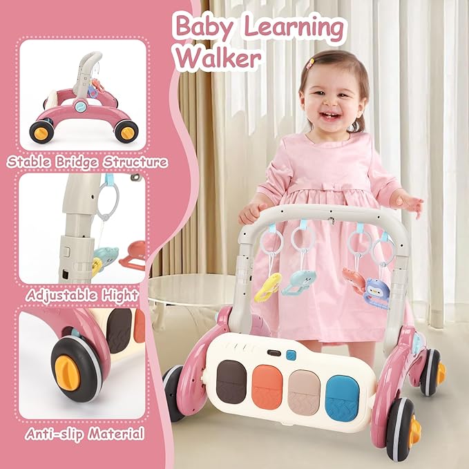 Baby Play Gym Walker Kick and Play Piano Gym for Boys Girls Play Mat Musical Tummy Time Mat Infant Christmas Newborn Gifts Toddlers (Pink)