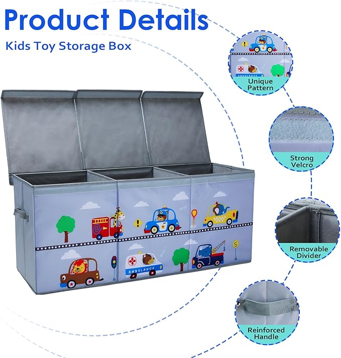 Toy Box Chest for Kids, Collapsible Oxford Toy Storage Box with Handles for Boys, Extra Large Sturdy Waterproof Toy Organiser for Bedroom Playroom, 37.7×12.5×15.7 Inch (Animal Cars)