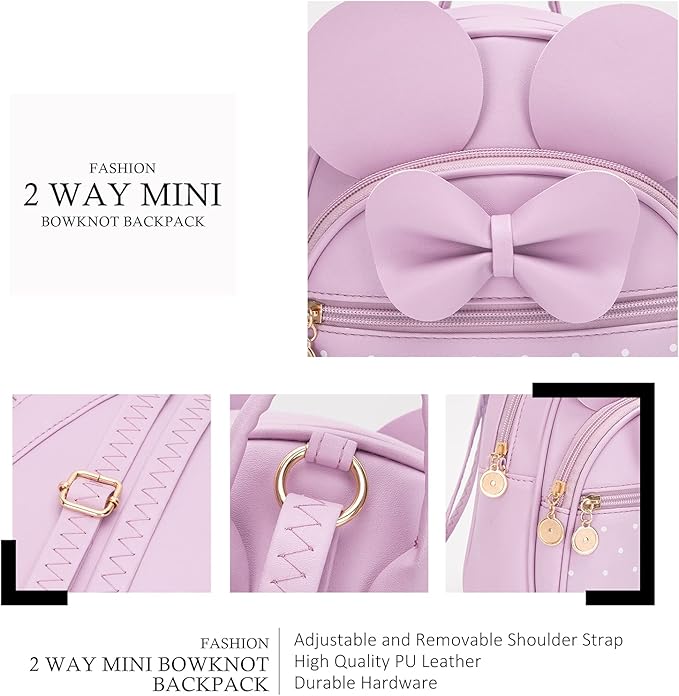 KL928 Girls Bowknot Polka Dot Cute Mini Backpack Small Daypacks Convertible Shoulder Bag Purse for Women