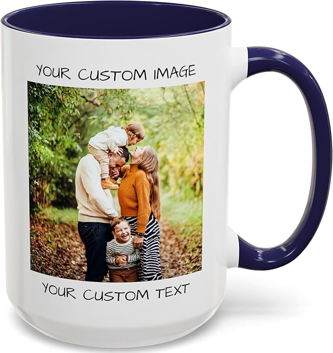 Personalized Coffee Mug – Custom Photo, Text, or Logo Ceramic Mug Tea Cup | Taza Personalizada with Picture or Message | Customized Gift Idea for Men & Women, Mom, Dad, Friends - White/Blue | 15oz