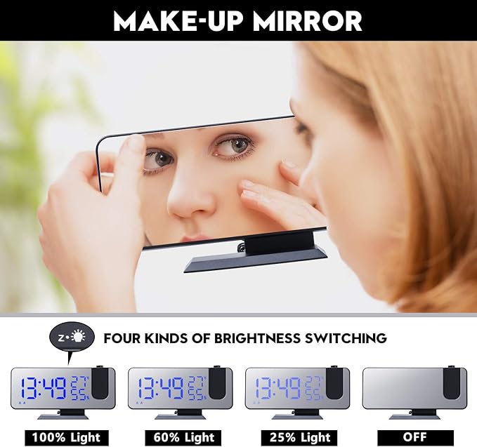 Projection Digital Alarm Clock for Bedrooms,Alarm Clock Radio on Ceiling, USB Charger Port, Temperature & Humidity Display, 7.3” Large Mirror LED Display,12/24H,Snooze,Dual Loud Clock- 4 Dimmer