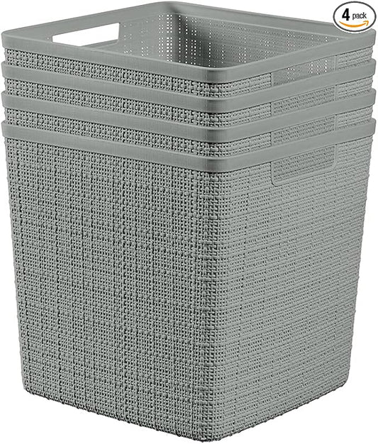 Curver Set of 4 Jute Large Cube Decorative Plastic Organization and Storage Baskets, Perfect Bins for Home Office, Closet Shelves, Kitchen Pantry and All Bedroom Essentials, Grey