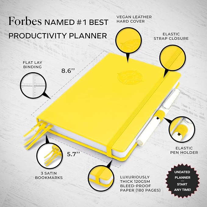 Smart Planner Pro – Undated Daily Planner – Small A5 – Achieve Goals & Increase Productivity – Weekly, Monthly, Work Sections, Organizer Diary with Back Pocket, 3 Satin Bookmarks & Pen Holder