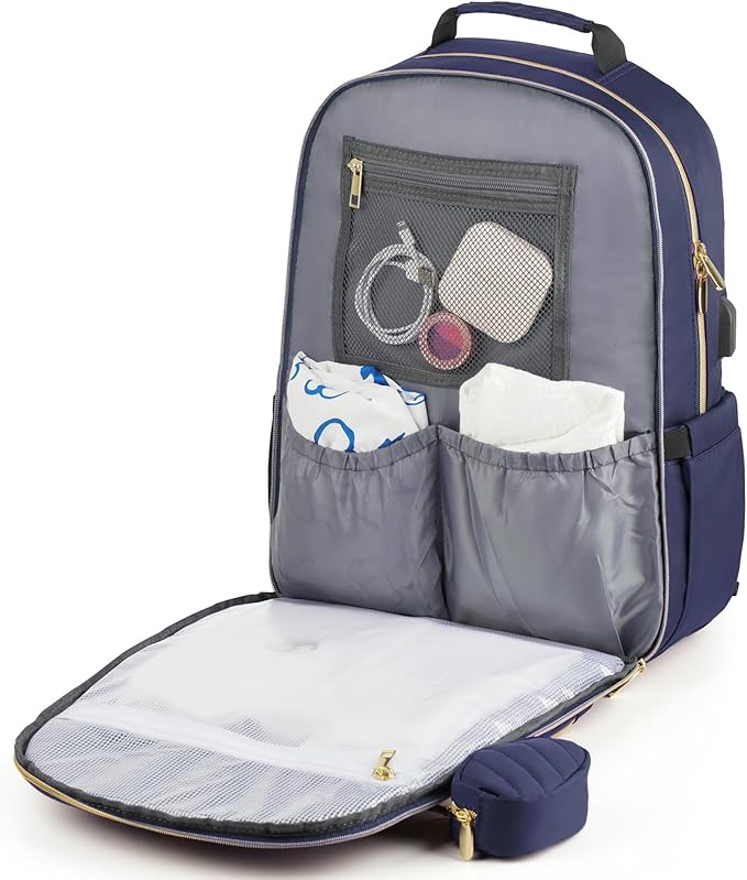 MOMUVO Diaper Bag Backpack, Quilted Baby Bag with Changing Pad & Stroller Straps & Pacifier Case, Large Travel Diaper Bags for Mom Dad, Blue