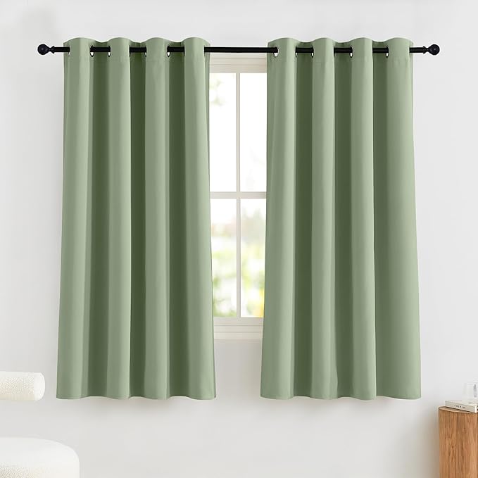 NICETOWN 100% Blackout Short Curtains for Kids Bedroom, Thermal Insulated Window Curtains 63 Inch Length 2 Panels Set, Grommet Top Drapes for Living Room, 52" W x 63" L, Olive