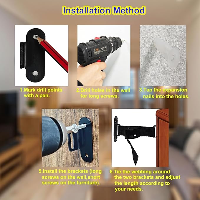 Anti Tip Furniture Anchors (2 Sets),Heavy Duty Furniture Wall Anchor,Adjustable Earthquake Straps,Furniture Anchors for Baby Proofing,Black