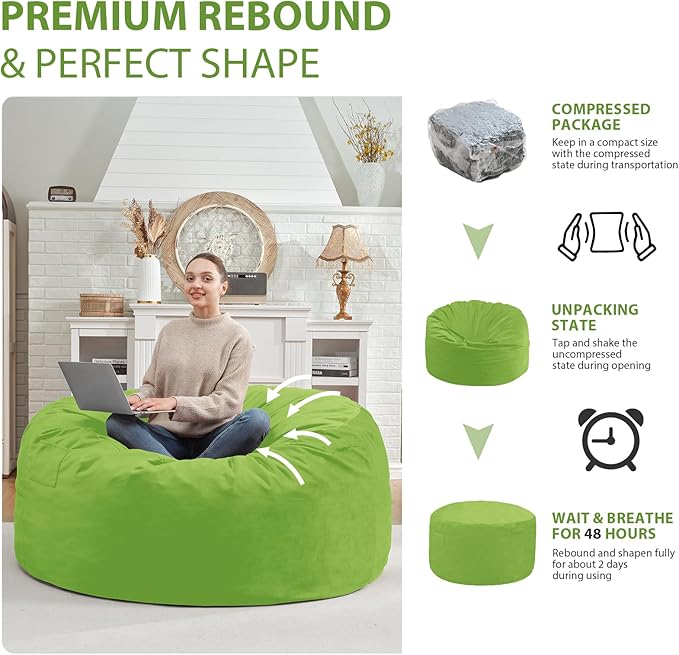 4FT Bean Bag Chair, Large Bean Bag Chairs with Memory Foam Filled, Fluffy Beanbag Sofa with Dutch Velvet Cover, Round BeanBag Chairs for Living Room, Playroom - Lime
