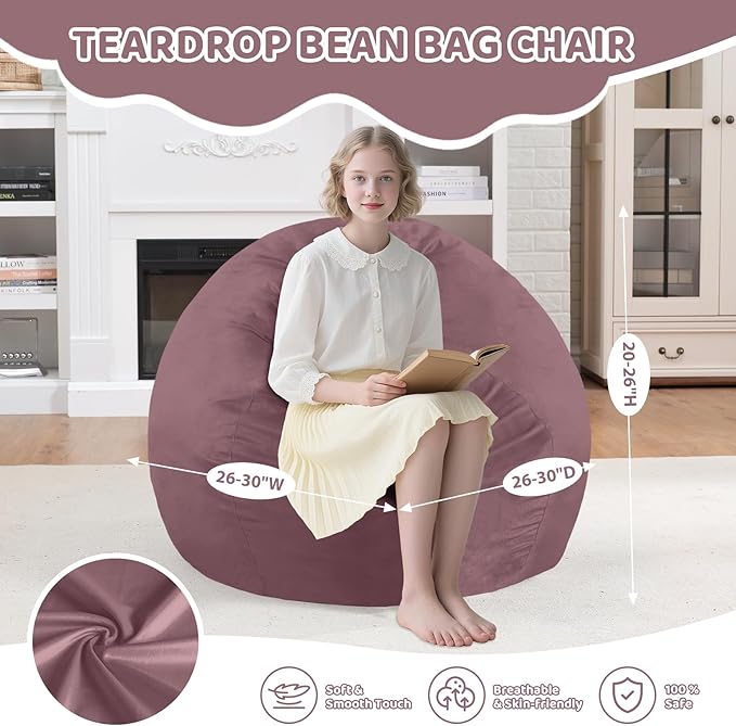2FT Bean Bag Chair, Comfy Bean Bag Chairs with Memory Foam Filled, Fluffy Beanbag Sofa with Dutch Velvet Cover,Teardrop BeanBag Chairs for Living Room, Playroom - Dusty Pink