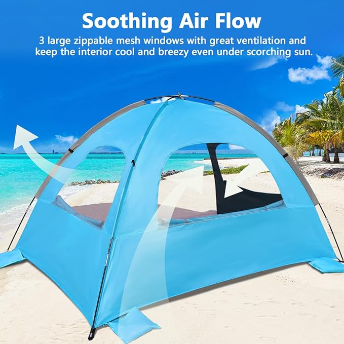 NXONE Beach Tent Sun Shade Shelter for 3/4/6 Person Person with UV Protection, Extended Floor, 3 Mesh Roll Up Windows & 8.0/8.5mm Fiberglass Rods丨Carry Bag Included