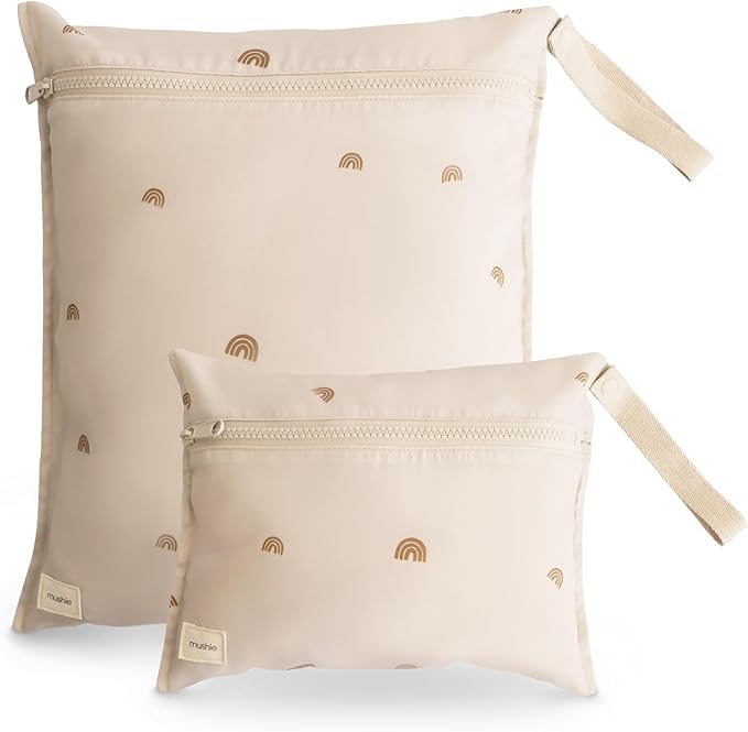 mushie Water Resistant Wet Bags | Large & Small Reusable Storage Bag for Baby Items and Travel | Zippered Pockets with Handle | Machine Washable, Set of 2 (Rainbows)