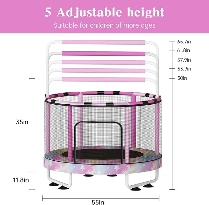 LAMERGE 55" 7-in-1 Round Trampoline for Kids Boys & Girls Ages 1-8, Indoor & Outdoor Trampoline for Fun, Adjustable Height Handrail ＆ Enclosed Safety Net ＆ Durable Designs for Toddlers Children