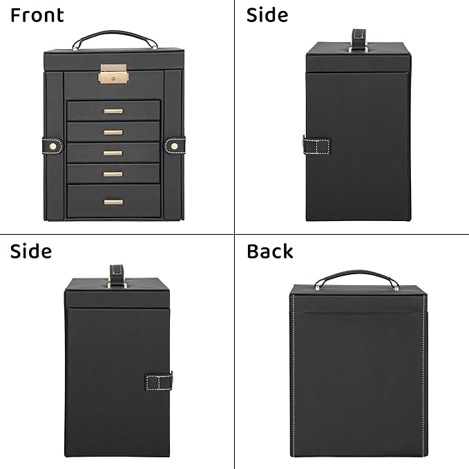 AKOZLIN 6-Tier Jewelry Box Lockable Leather Jewelry Storage Case with 5 Drawers for Women Girls Ring Necklace Earring Bracelet Holder Organizer with Mirror