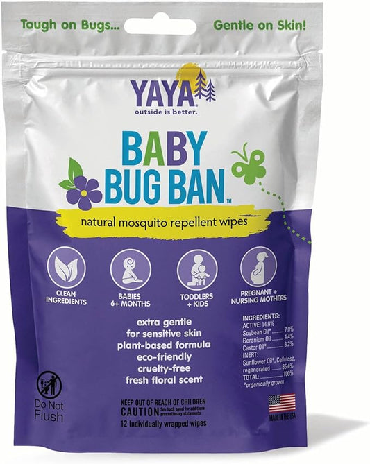 YAYA ORGANICS Baby Bug BAN Insect Repellent Wipes – All-Natural, DEET-Free, Non-Toxic, for Babies, Kids, Pregnant and Nursing Moms and Sensitive Skin (12 Count, Pack of 1)