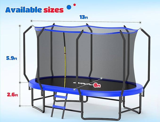 ORCC 8 x 13 FT Oval Outdoor Trampoline with Safety Net - Recreational Gymnastics Trampoline for Kids, 1200LBS Capacity, Heavy-Duty Galvanized Steel Frame