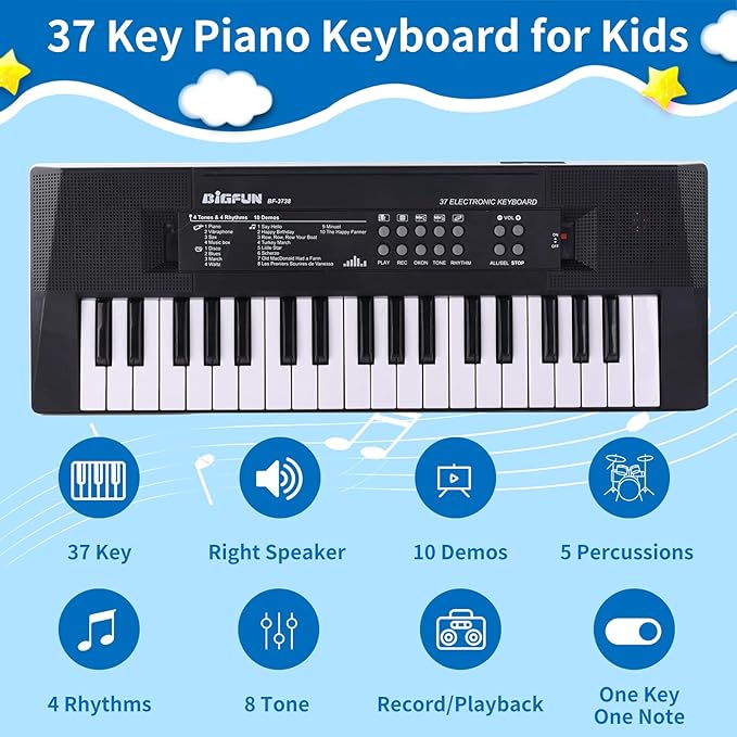 Kids Piano Keyboard, 37 Keys Portable Music Keyboard Early Learning Educational Electronic Music Piano Instrument Toys for 3 4 5 6 Year Old Boys and Girls (Black)