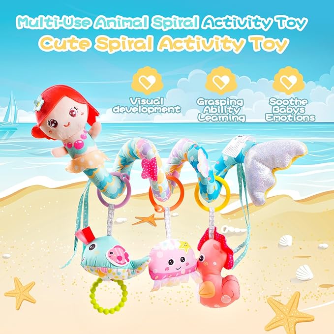 Koty Carseat Toys Hanging, Blue Mermaid Stroller Toys for Babies 0-6 Months, Baby Car Seat Toy with Crinkle, Teether, Music Box, Rattle, BB Squeaker for Babies Boys Girls Gifts (Blue Mermaid)