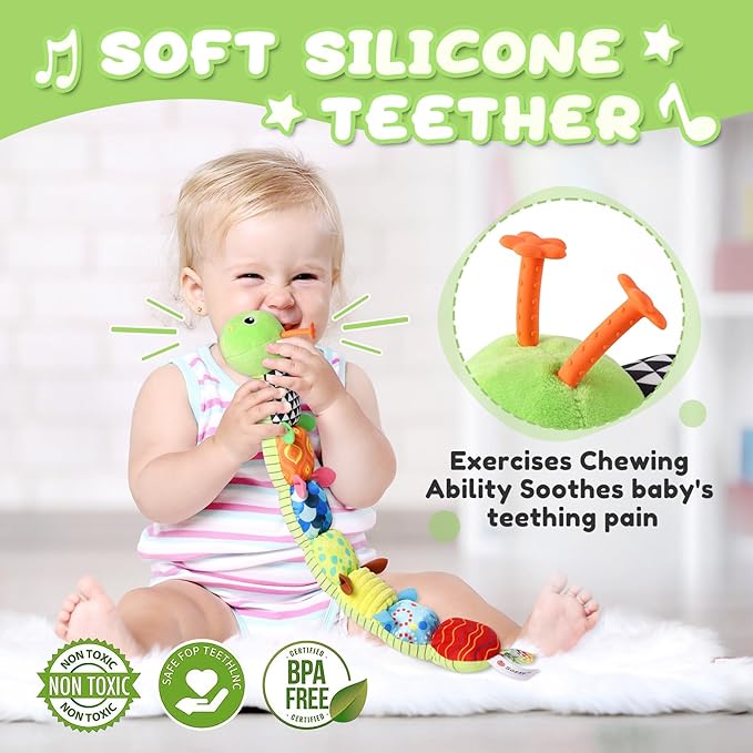 Baby Toys 0 to 12 Months, Musical Stuffed Animal Activity Soft Toys with Multi-Sensory Crinkle, Rattle and Textures, Infant Tummy Time Toys for Newborn Boys Girls, Caterpillar, Green