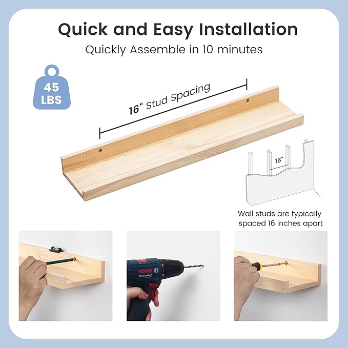 Picture Ledge Shelf for Wall, 24 inch Solid Pine Wood Nursery Book Shelves 2 Packs, Floating Ledge Shelves for Kids' Room Bedroom Bathroom Living Room Photo Frames Office Nursey Wall Decor, Natural