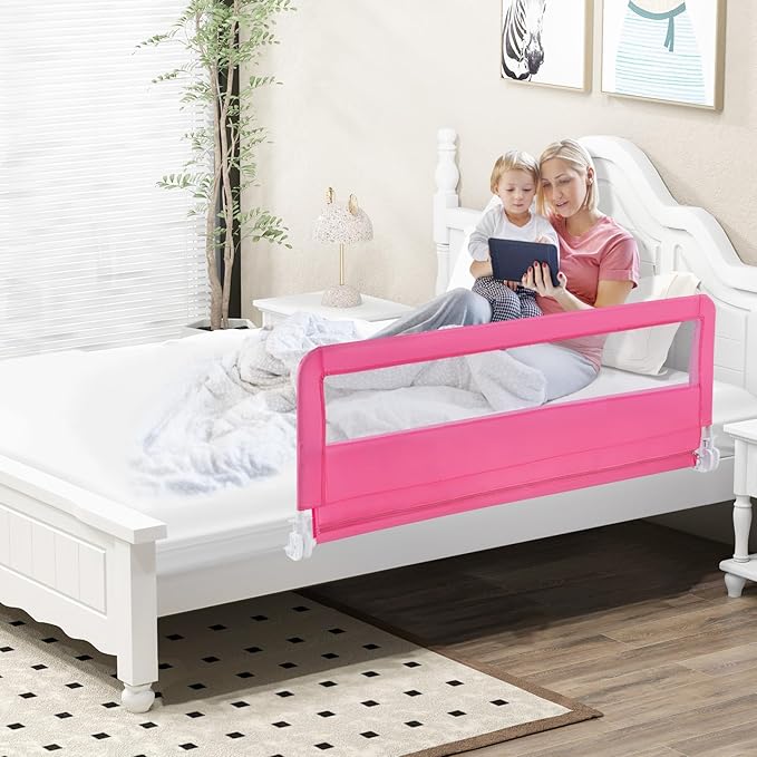 BABY JOY Bed Rails for Toddlers, 59'' Extra Long, Swing Down Bed Guard w/Safety Straps, Folding Baby Bedrail for Kids Twin, Double, Full Size Queen & King Mattress (Pink, 59-Inch)