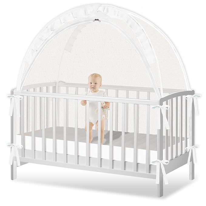 Crib Tent to Keep Baby from Climbing Out - Crib Net to Keep Baby in - Pop Up Breathable Cribs Cover - Canopy with Upgrade Strong Mesh and Durable Zipper (White, Lager)