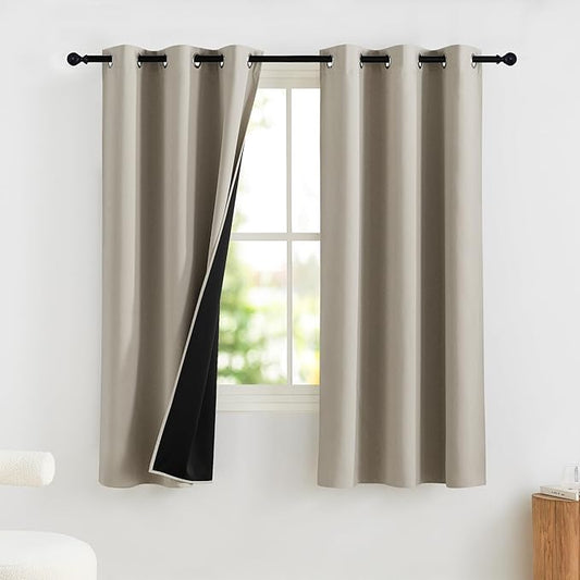 NICETOWN Natural Bedroom Curtains 63 Inches Length, 100% Blackout Drapes Thermal Insulated with Grommet for Living Room Office Privacy Darkening Curtain, 2 Panels, 42 x 63 Inch