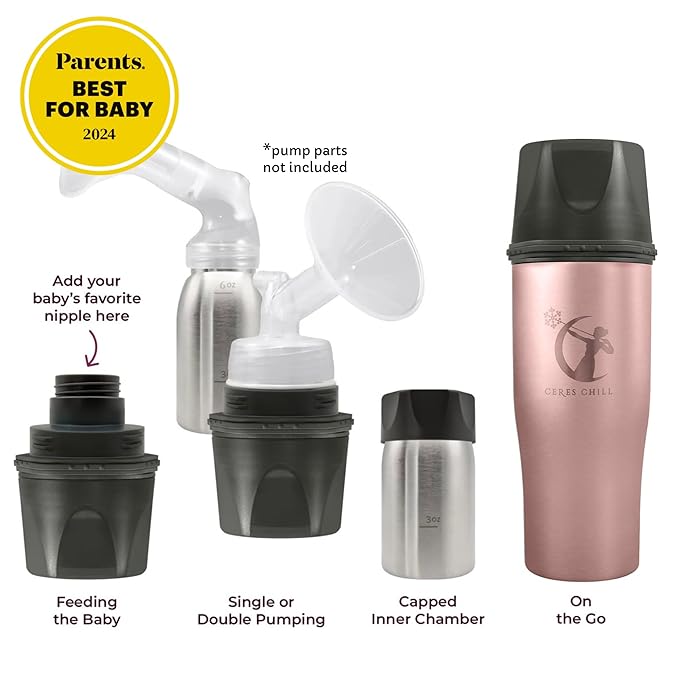 CERES CHILL Mini Breastmilk Chiller Demigoddess, Up to 12 oz. Reusable Storage Container, Keeps Milk at Safe Temperatures for Up to 16 Hours, Bottle Cooler, Connects w/Most Pumps (Rose Gold)