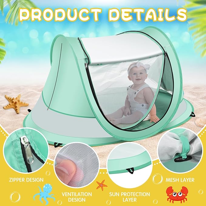 Baby Beach Tent,Large Pop Up Beach Tent Sun Shade for Beach,Portable Baby Travel Tent with Mosquito Net,Indoor Baby Play Tent,UPF 50+ UV Protection Sun Shelters for Infants