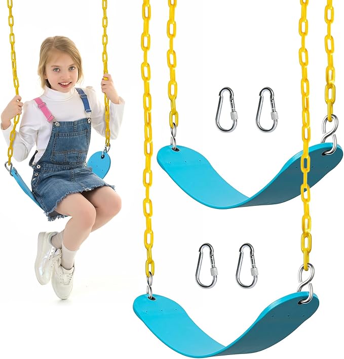 PACEARTH 2 Pack Swings Seats Holds 660lbs with 68.9 inch Anti-Rust Chains Plastic Coated 23.6 inch Tree Hanging Straps and Locking Buckles Playground Swing Set Accessories Replacement (Sky-Blue)