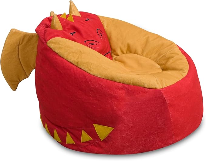 Posh Creations Cute Soft and Comfy Bean Bag Chair for Kids, Large, Animal - Red Dragon