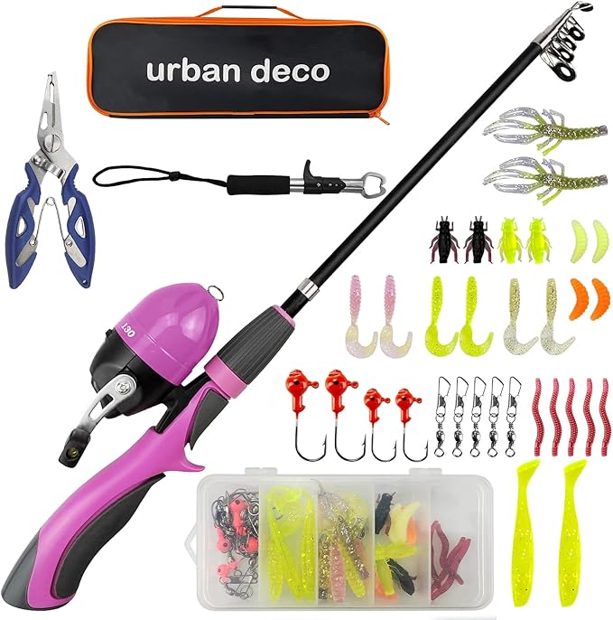 Urban Deco Kids Fishing Pole Set Portable Telescopic Kids Fishing Rod and Reel Combo Kit with Tackle Box for Beginners, Boys,Girls,Youth,Children
