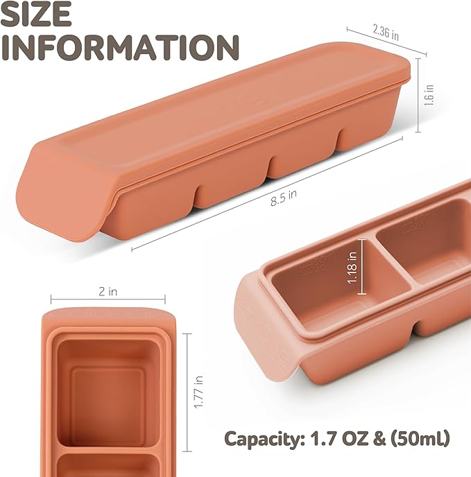 4 Section-1.7oz Gray 100% Food Grade Silicone Ice Cube Tray Food Container with Airtight Locking Lid, Fruit Vegetable Purees, Breastmilk Storage for Baby & Toddler Food | BPA Free Korea Made