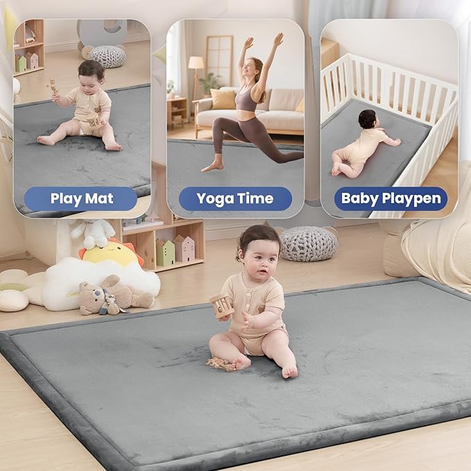 Baby Play Mat for Floor,1.3" Thick Memory Foam Tummy Time Mat,Soft Coral Velvet Nursery Rug,Large Non Slip for Crawling,Toddlers,Infants,Kids,Yoga & Tatami Style for Living Room(Dark Gray)