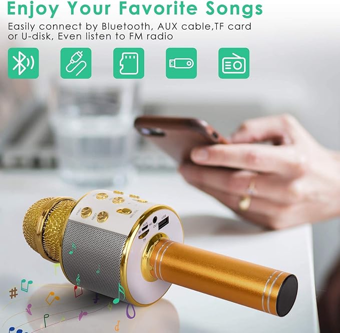 KIDWILL Wireless Bluetooth Karaoke Microphone for Kids, 5-in-1 Portable Handheld Karaoke Mic Speaker Player Recorder with Adjustable Remix FM Radio for Kids Girls Boys Teens Birthday (Gold)