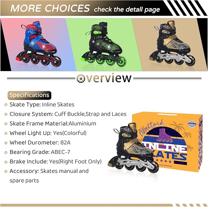 Nattork Kids Adjustable Inline Skates with PU Flash Wheels, Fun Roller Skates for Ages 4-12, Indoor/Outdoor Birthday Gift for Son and Grandson