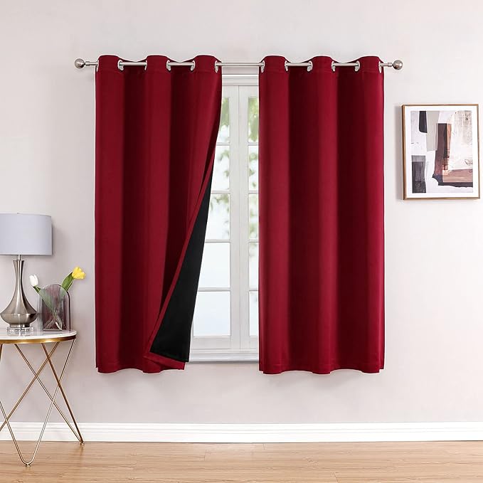 ChrisDowa 100% Blackout Curtains for Bedroom with Black Liner, 2 Thick Layers Total Blackout Thermal Insulated Grommet Small Window Curtains 2 Panels Set (Burgundy, 42 x 54 Inch)