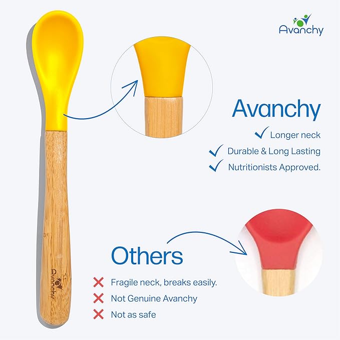 Avanchy Bamboo & Silicone Infant Training Spoons, BPA Free - Soft Tip, Easy on Gums, First Stage Feeding Utensils for Baby-Led Weaning, Self-Feeding, Pink